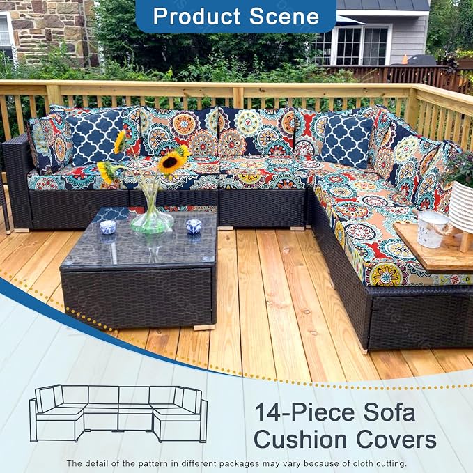 14 PCs Patio Cushion Covers, Furniture Cushion Slipcovers, 23.6"x23.6"x3.5" | Outdoor Cushion Slipcovers, Water Resistant Fabric, Zipper Design, Fits Patio Sectional Furniture
