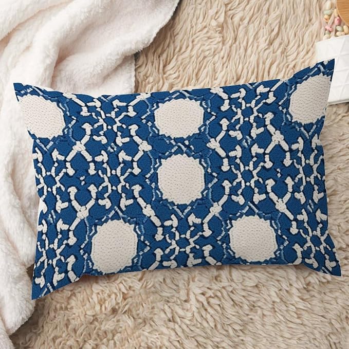 Blue Geometric Lumbar Pillow Cover Blue and White Trellis Cushion Cover 12x20in Abstract Accent Outdoor Garden Decoration for for Couch Bedroom Sofa Car Indoor