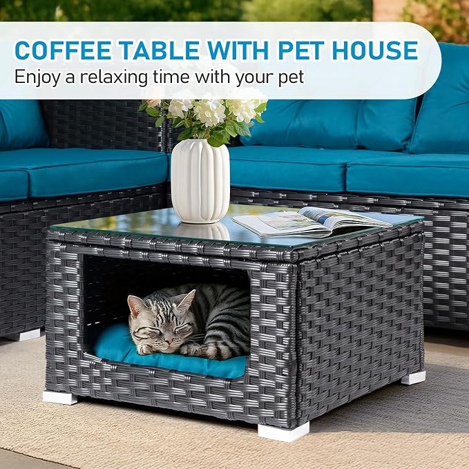 Outvita 4 Piece Outdoor Patio Furniture Set, PE Rattan Conversation Sofa Set, Wicker All-Weather Outside Furniture w/Glass Top Coffee Table with Pet Ped & Hidden Storage for Garden, Balcony (Black)