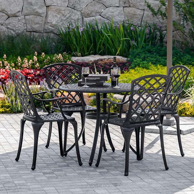 5 Pieces Outdoor Patio Dining Set, 36" Metal Outdoor Dining Set with 1.97" Umbrella Hole, Anti Rust Patio Furniture Set with 4 Chairs and Round Table for Garden, Porch and Poolside, Bronze