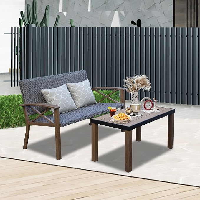 Domi Aluminum Patio Furniture Set, 2-Piece Modern Conversation Set with Cotton Padding Backrests and Seats, Outdoor Loveseat Metal Sofa Set with 5.5 Inch Cushion and Coffee Table for Balcony, Garden