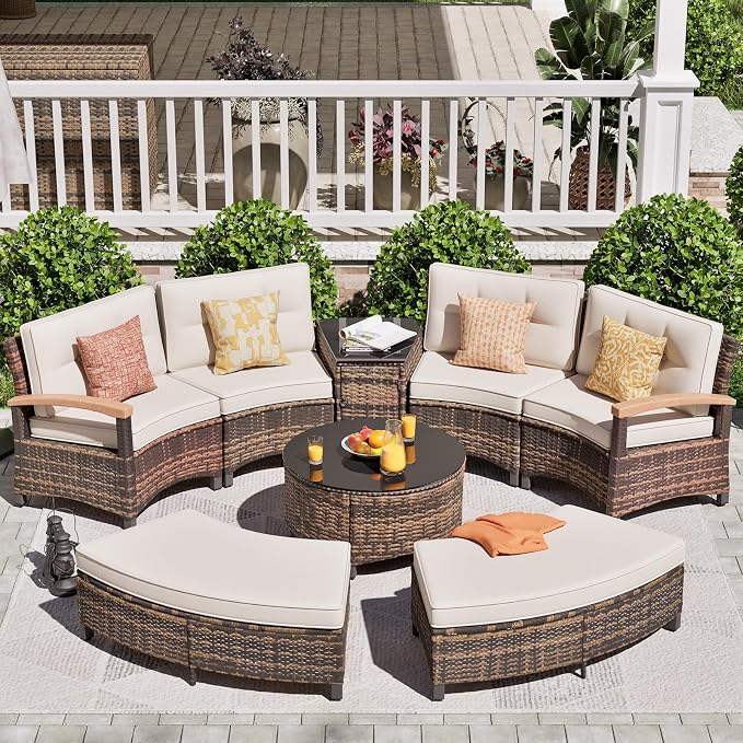 MEISSALIVVE 8 Piece Outdoor Patio Furniture Set, Half-Moon Curved Sectional Set with Wood Armrests, Patio Conversation Set for Porch,Deck,Balcony (Beige)