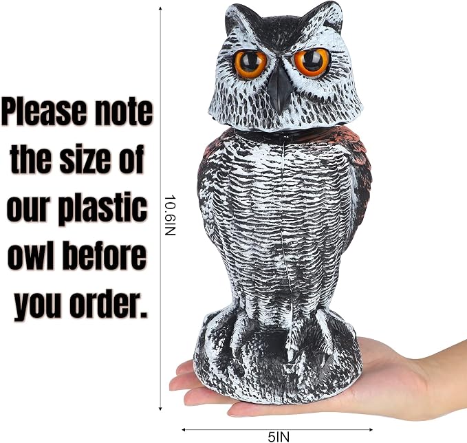 Hausse 2 Pack Fake Owl Decoy Bird Scarecrow Sculpture, Rotating Head Plastic Owl Bird Deterrents, Nature Enemy Horned Pest Repellent for Outdoor Garden Yard