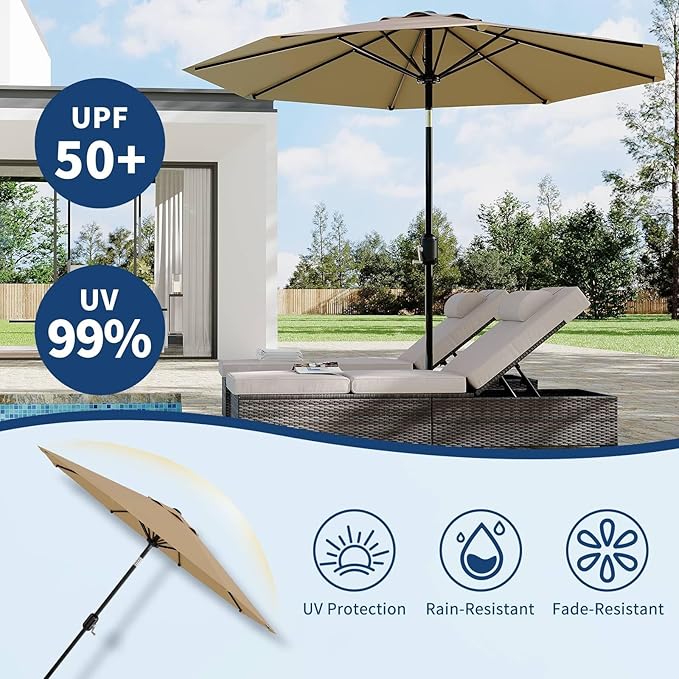 CABIHOME 10 ft Outdoor Patio Umbrella, Outdoor Table Umbrella with 8 Sturdy Ribs | Crank Lift & Push Button Tilt, Yard Umbrella, Market Umbrella for Garden Pool Deck Yard