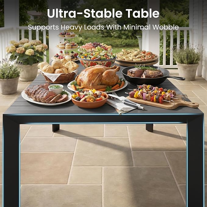 11-Piece Outdoor Dining Set, 95" Patio Table and Stackable Armchairs | Aluminum Frame Adjustable Umbrella Hole & All-Weather Wood Grain Tabletop for Garden, Patio, Backyard (Grey)