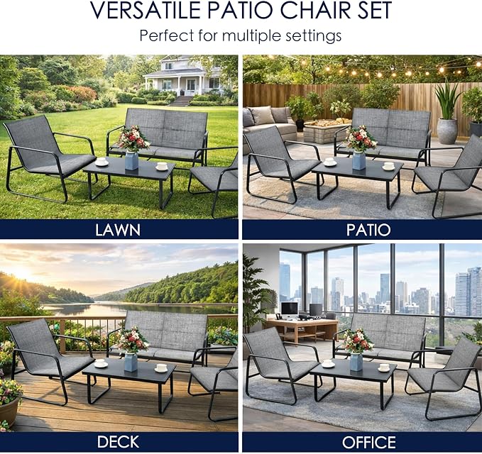 Kozyard Sofia 4-Piece Patio Conversation Set, Outdoor Furniture Set with Loveseat, 2 Chairs & Table, Breathable Textilene Seating, Powder-Coated Metal Frame, All-Weather for Balcony Backyard Gray