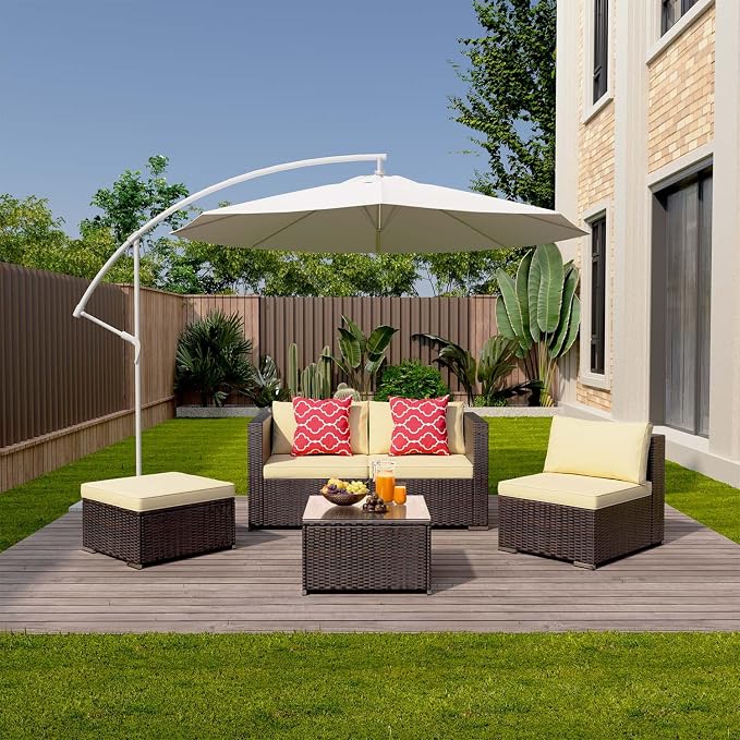 Aiho Patio Furniture Set All Weather Outdoor Sectional Patio Sofa Set with Tempered Coffee Table, for Backyard Porch, Beige