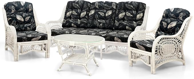 Malibu Lounge Set of 4: 2 Natural Rattan Wicker Chairs, Three-Seater Sofa and Coffee Table with Glass Handmade, White Color with Black Leaf Cushions