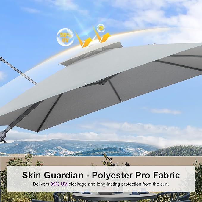 PURPLE LEAF 10 FT Cantilever Umbrella Outdoor Patio Umbrella, Large Offset Square Umbrella, Windproof Heavy Duty Hanging Outside Umbrellas for Patio, Pebble Grey