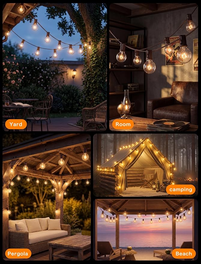 SUNSGNE 25Ft Globe String Lights with 27 Clear G40 Bulbs, Natural Warm Bulb Hanging Umbrella Lights for Backyard Patio Garden Party Cafe Indoor Outdoor Decor-Brown