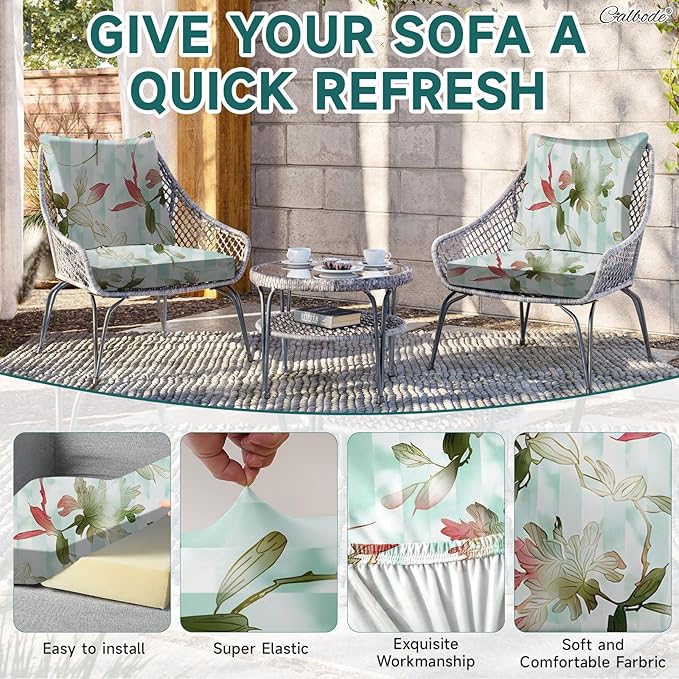 CALBODE 12Pcs Stretch Patio Cushion Cover, Striped Floral Pattern Couch & Sofa Slipcovers for Patio Furniture Cushions Washable Reusable Couch Covers Replacement for Spring Summer Autumn (Cover Only)
