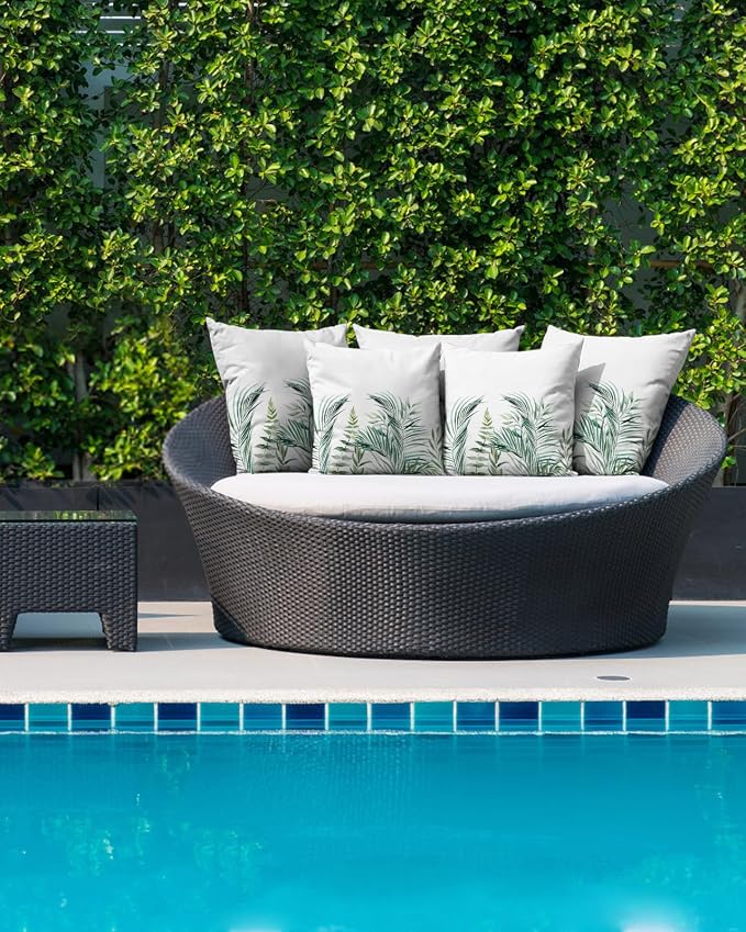 Outdoor Waterproof Throw Pillows Tropical Palm Leaves White Patio Pillows Pack of 1,Decorative Pillow Covers with Insert,Pillow Cushion Case for Garden Couch Sofa Pastoral Green Leaf Plant