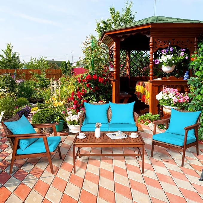 Tangkula 4 PCS Patio Wood Sofa Set, Outdoor Acacia Wood Seating Chat Set with Cushions & Coffee Table, Sectional Conversation Sofa Set for Garden, Backyard, Poolside (1, Turquoise)