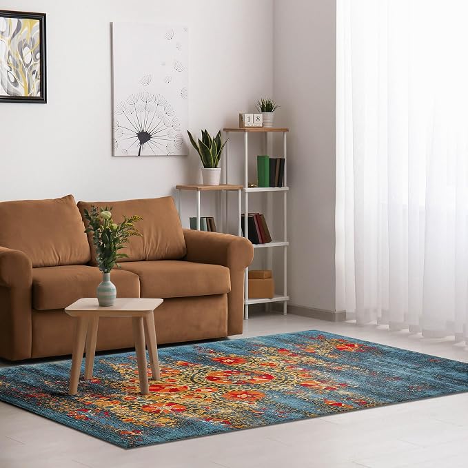 Liora Manne Marina Indoor/Outdoor Power Loomed Synthetic Blend Low Profile Area Rug - Contemporary Medallion Casual Colorful (Suzanie Blue) (2'7" x 4'3")