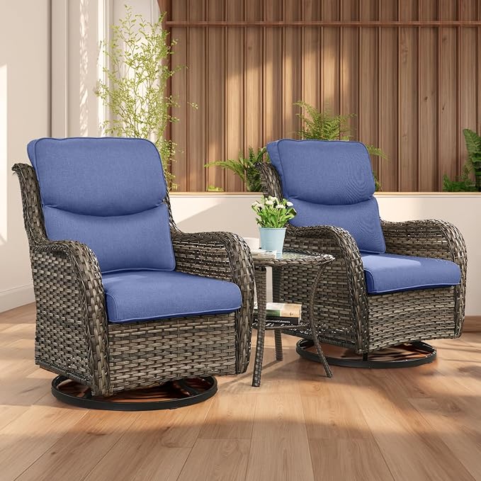 Rilyson Wicker Rocking Chair Swivel Chairs - 3 Piece Rocker Patio Furniture Set Rattan Rocking Bistro Sets with Glass Top Side Table for Outdoor Porch Deck Garden Backyard (Mixed Grey/Blue/Smile)