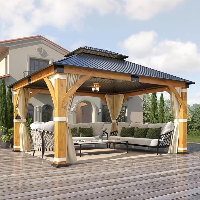 COVERONICS 13FT x 15FT Outdoor Spruce Wood Gazebo - Patio Wooden Frame Gazebo with Galvanized Steel Double Roof, Heavy-Duty Hardtop Gazebos with Netting & Curtains for Garden, Poolside, Deck, Backyard