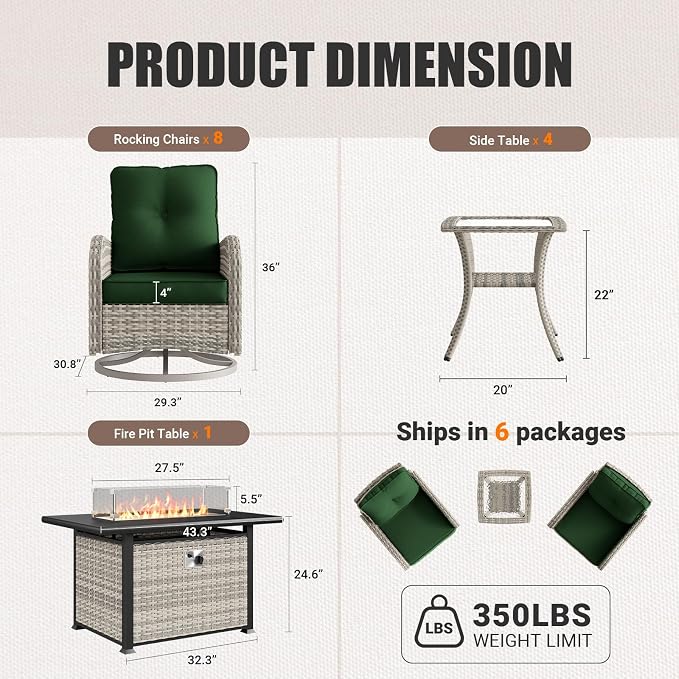 13Pcs Patio Rocking Swivel Chair with 55,000 BTU Fire Pit Table Outdoor Wicker Rattan Bistro Set with Tempered Glass Side Table, Outdoor Patio Furniture Set for Garden and Balcony, Green