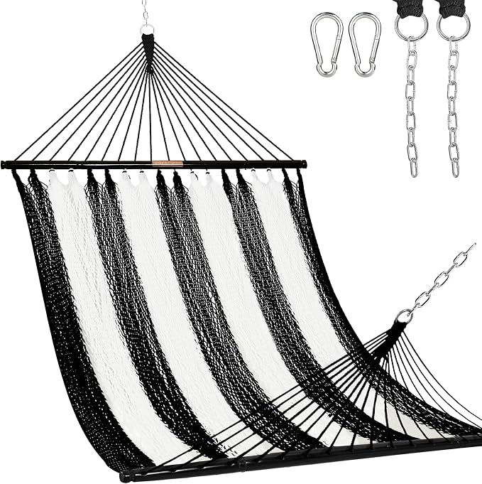 Lazy Daze Hammocks 10.5 FT Double 2 Person Caribbean Rope Hammock, Hand Woven Polyester Hammock with Spreader Bars, for Outside Outdoor Backyard Patio Poolside, 450 LBS Capacity, Black/White