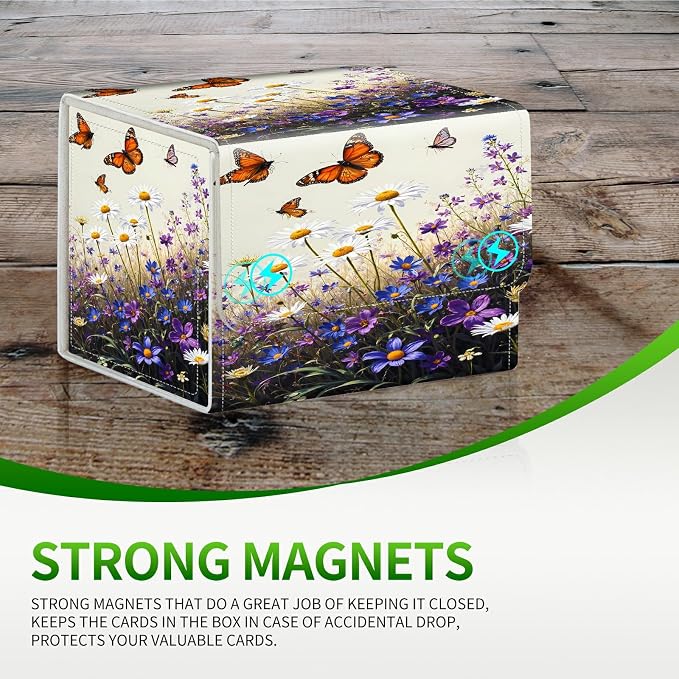 Card Deck Box for MTG, Cards Storage Box Fits 120+ Sleeved, Leather Small Size Strong Magnetic Closing Card Case for Board Games Magic TCG CCG Baseball Collection, Purple Flower Butterfly
