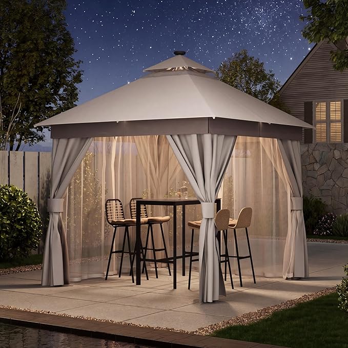 LAUSAINT HOME Patio Gazebo 10'x10' with Solar LED Roof Lights, Outdoor Heavy Duty Party Tent Shelter with Double Roofs, Mosquito Netting & Privacy Curtains for Backyard, Garden, Lawn, Khaki