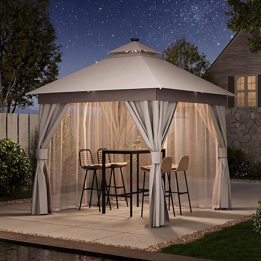 LAUSAINT HOME Patio Gazebo 10'x10' with Solar LED Roof Lights, Outdoor Heavy Duty Party Tent Shelter with Double Roofs, Mosquito Netting & Privacy Curtains for Backyard, Garden, Lawn, Khaki