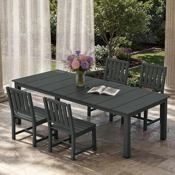 AreShark 5-Piece Outdoor Dining Set,HDPE Patio Table with 4 Armless Chairs,All-Weather Patio Furniture Set with Umbrella Hole,Low Maintenance Wood Grain Dining Set for Backyard,Garden,Poolside,White