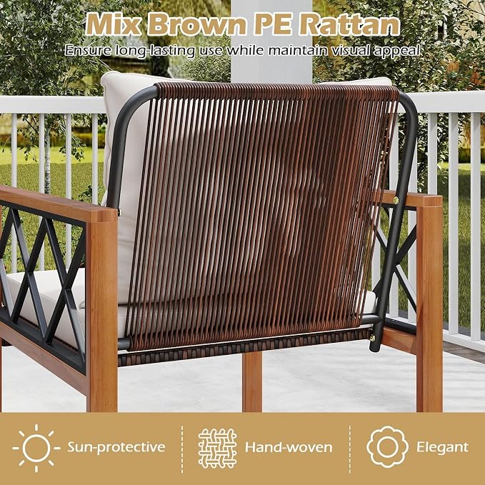 Tangkula 5 Pieces Wicker Patio Conversation Furniture Set, Outdoor Glass Coffee Tables with Acacia Wood Frame and Cushioned Armchairs for Deck, Garden and Backyard