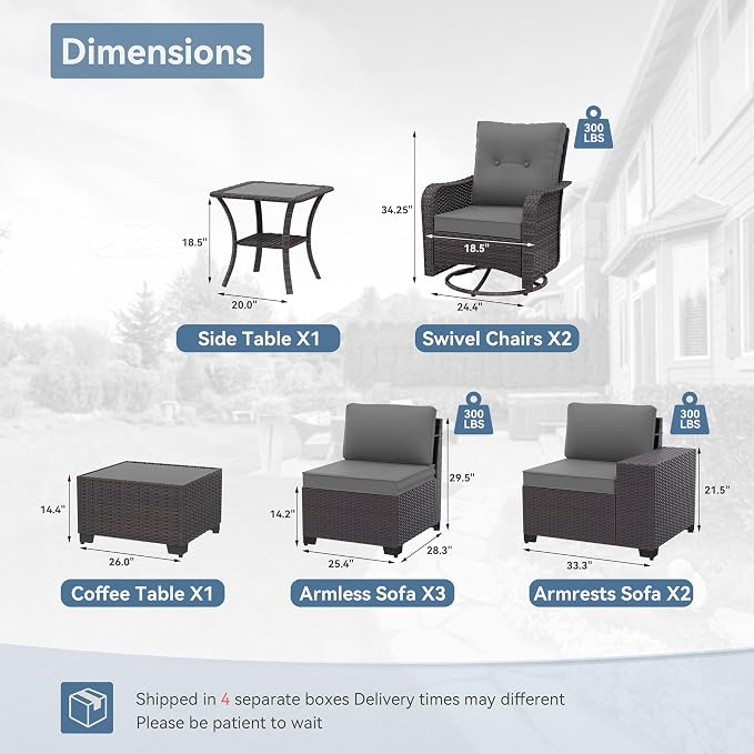Kurapika 9 Pieces Patio Furniture Set, Rattan Wicker Sofa Set, Outdoor Conversation Sets w/Swivel Rocking Chairs Patio Sectional Sofa w/4 Inch Cushion, Grey