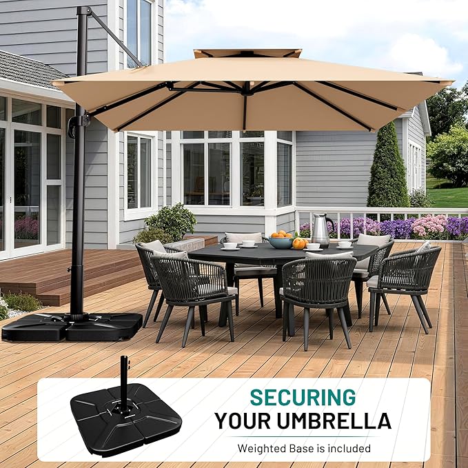 AreShark 10×10FT Double-Top Cantilever Patio Umbrella with Base Included, Offset Umbrella with 360 Degree Rotation, Heavy Duty Patio Umbrella for Garden Deck Pool, 5 Tilt Angles, Beige