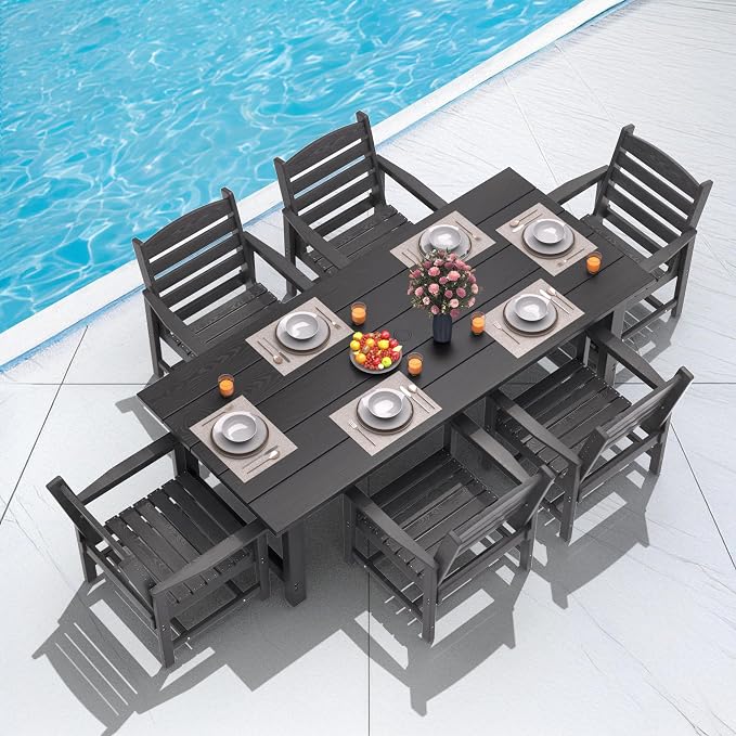 TenKa 7 Piece HDPE Patio Furniture Set for 6, Dining Table and Chairs, Outdoor Table with Umbrella Hole, Outdoor Dining Set for Garden, Backyard, Lawn, and Poolside