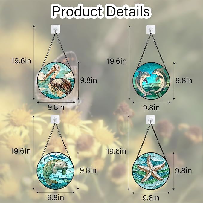 DASTOLL Stained Glass Window Hanging 4 Pcs Set Cyan Ocean Life Theme 9.8" - Sea Starfish Suncatcher Door Garden Sun Catcher Decor Birthday for Mom Woman Nana Men Friend