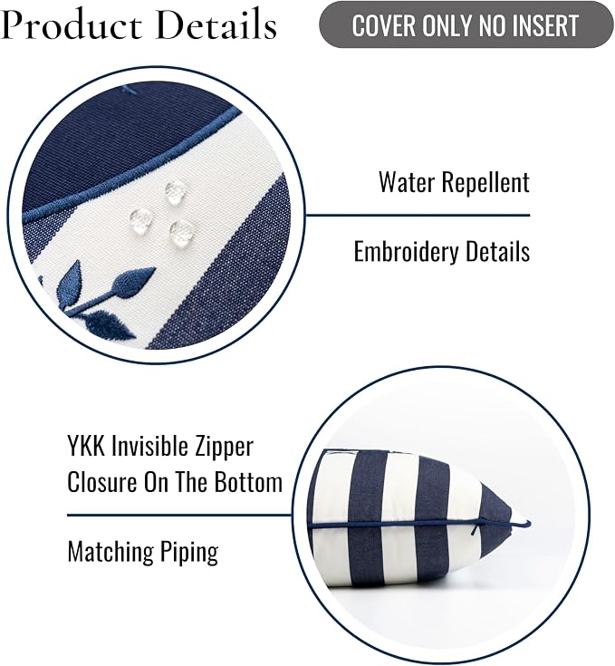 Hofdeco Premium Coastal Patio Indoor Outdoor Throw Pillow Cover Only, 18"x18" Water Repellent, UV and Fade Resistant for Backyard, Couch, Poolside, Navy Blue Embroidered Nautical Yacht Stripe