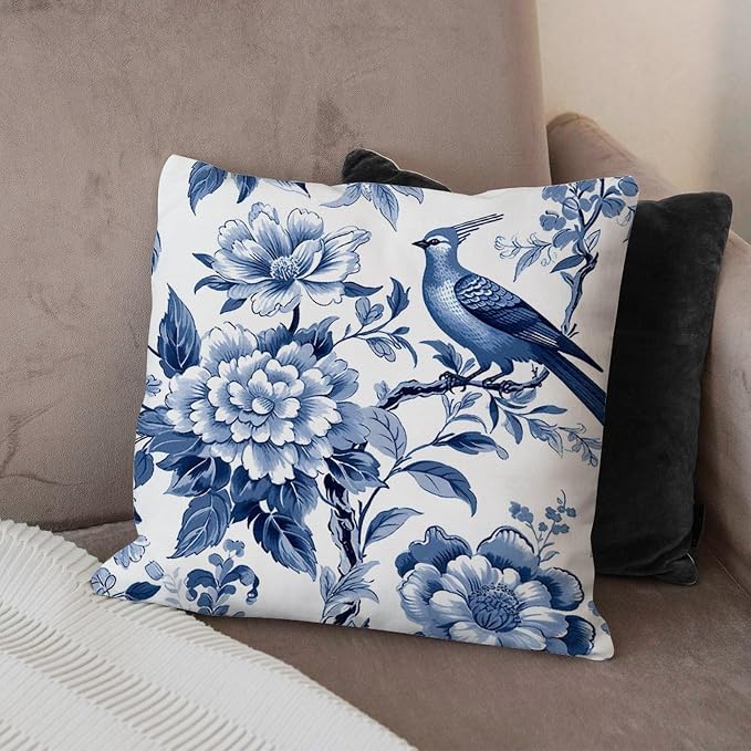 Pillowcase Blue Indigo Floral Chinoiserie Pillow Covers Retro Asian Navy Lotus Bird Pillow Cover Accent Outdoor Garden Decoration for Patio Couch Sofa Office 26x26 in