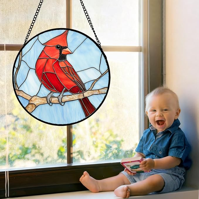 Stained Glass Window Hanging Cardinal Birds 9.8" - Suncatcher Door Garden Sun Catcher Home Decor Christmas Birthday for Bird Lovers Woman Her Nana Wife Men Mom
