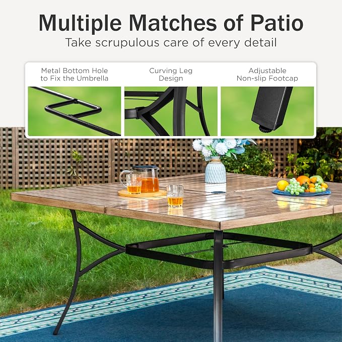 PHI VILLA 9 Pcs Outdoor Dining Set& 57.5" Wood-Like Table | Square Metal Table w/ Umbrella Hole &Wrought Iron Chairs, Large Outside Furniture Set for Patio, Deck, Yard, Porch