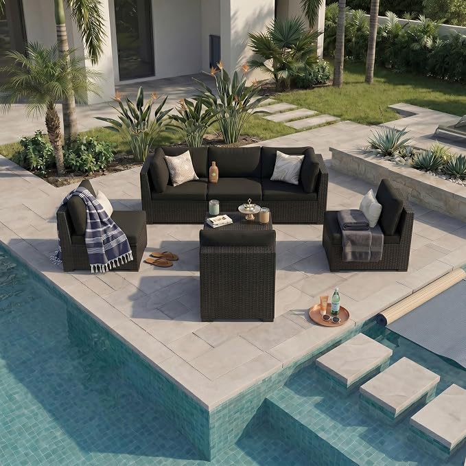 KIGOTY 7-Piece Patio Furniture Set, All-Weather PE Rattan Outdoor Sectional Sofa, Modular Wicker Conversation Set with Thick Washable & Easy-Clean Coffee Table（Black/Black-X）