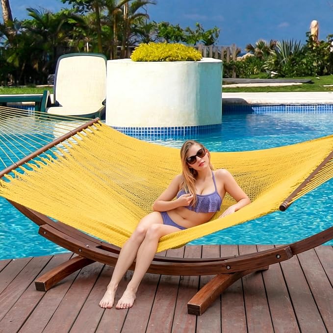 Lazy Daze Hammocks 10.5 FT Double 2 Person Caribbean Rope Hammock, Hand Woven Polyester Hammock with Spreader Bars, for Outside Outdoor Backyard Patio Poolside, 450 LBS Capacity, Yellow