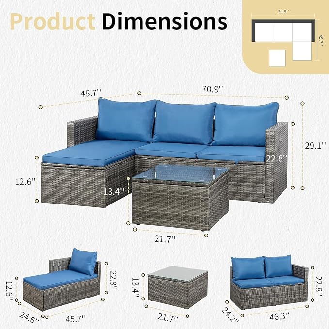 JAMFLY 4-Piece Patio Furniture Set with 43" Propane Fire Pit Table, Blue | All-Weather PE Wicker Sectional Sofa, Outdoor Conversation Set for Garden, Backyard & Deck
