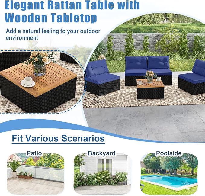 HAPPYGRILL 5 Pieces Patio Rattan Sofa Set, Outdoor Furniture Set with Seat & Back Cushions, Square Coffee Table with Acacia Wood Tabletop, Wicker Patio Conversation Set, Navy