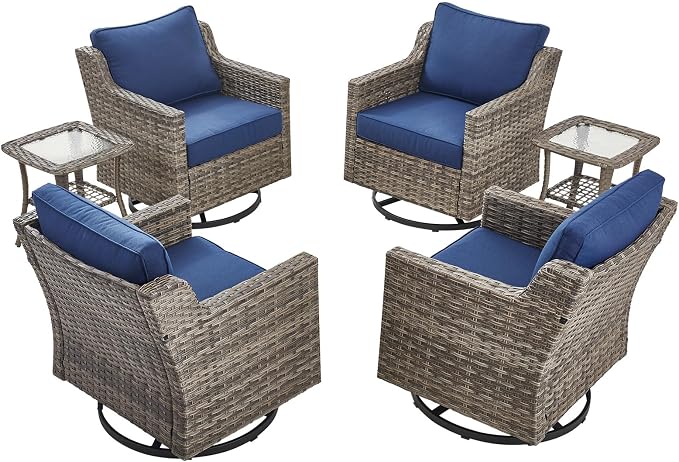 Patio Wicker Chairs Swivel Rocker-Outdoor Swivel Rocker Chair Set of 4 with All Weather Wicker Glider Rocker Set, PE Rattan Swivel Rocking Chair with 2 Side Table for Balcony Deck Porch Grey/Blue