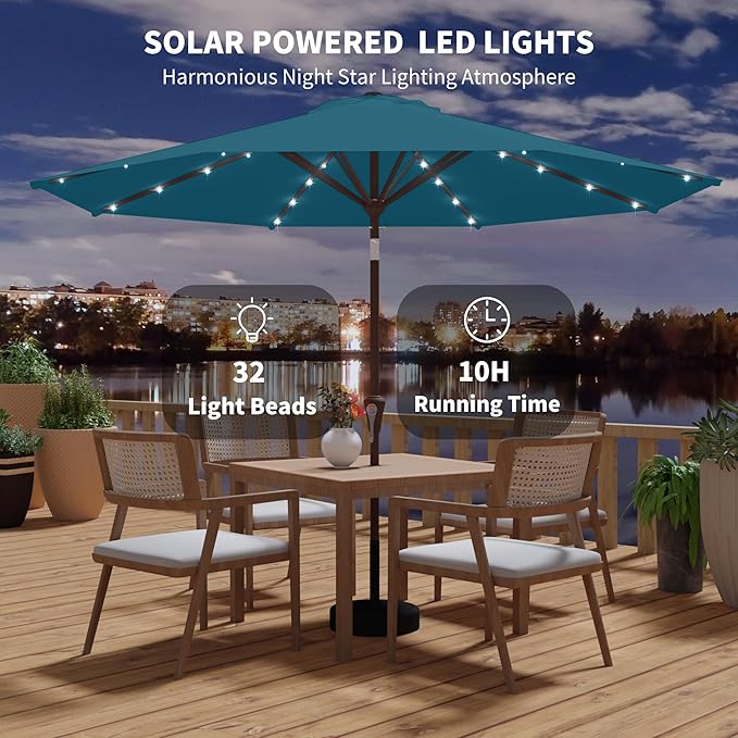 Kingdura 10FT Outdoor Patio Umbrella with Solar Lights, Market Table Umbrella with Push Button Tilt & Crank, 8 Sturdy Ribs, 32 LED Lights, UV Protection for Garden Lawn Deck Backyard Pool (Lake blue)