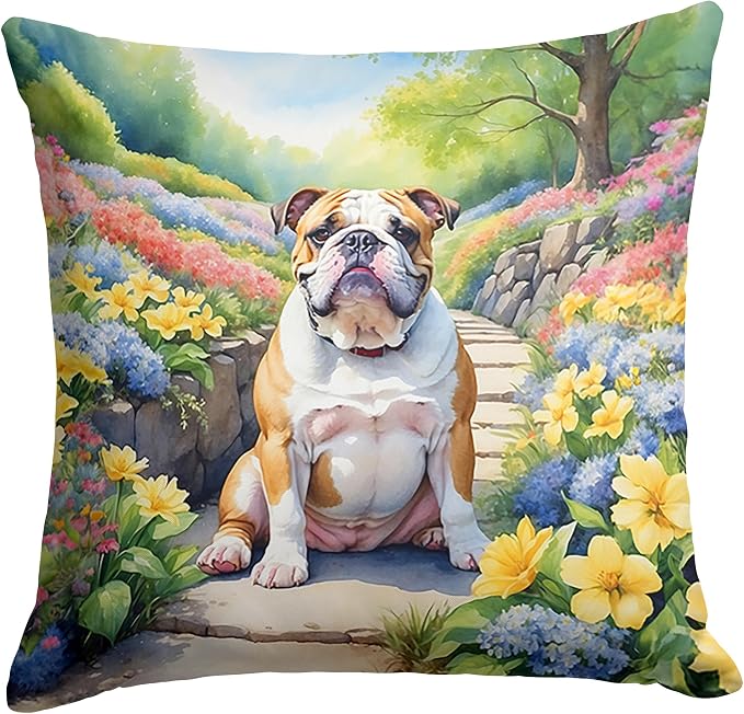 Caroline's Treasures English Bulldog Spring Path Throw Pillow Machine Washable, Indoor Outdoor Decorative Pillow for Couch, Bed or Patio, 14Hx14W
