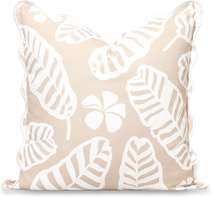 Hofdeco Premium Coastal Hampton Patio Indoor Outdoor Throw Pillow Cover Only, 20"x20" Water Repellent for Backyard, Couch, Poolside, Sand Beige Print Palm Leaves and Hisbucs Flowers