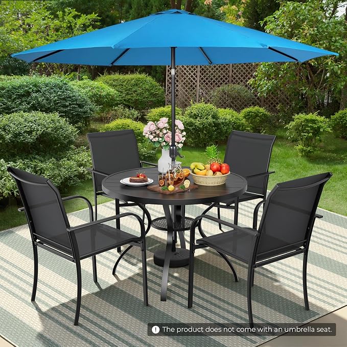 Incbruce 6 PCS Patio Dining Set with Sky Blue Umbrella, Outdoor Dining Set of 4 Textilene Chairs and 41" Round Table with Umbrella Hole for Backyard, Garden, and Poolside (Black)