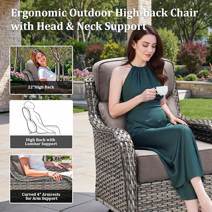 Luxury High Back Patio Furniture Set with 6-Inch Thick Cushions, 4-Pieces Outdoor Furniture with Swivel Chairs, Wicker Conversation Set for Porch, Balcony, Deck and Yard, Grey