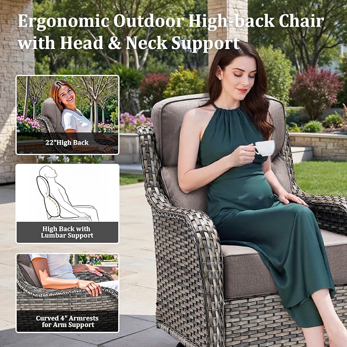 Luxury Outdoor Swivel Rocker Patio Chairs Set of 5, High Back Swivel Patio Chairs with Side Table & 6" Thick Cushions, Ottomans, Wicker Outdoor Bistro Set for Porch, Yard, Deck, Poolside, Grey