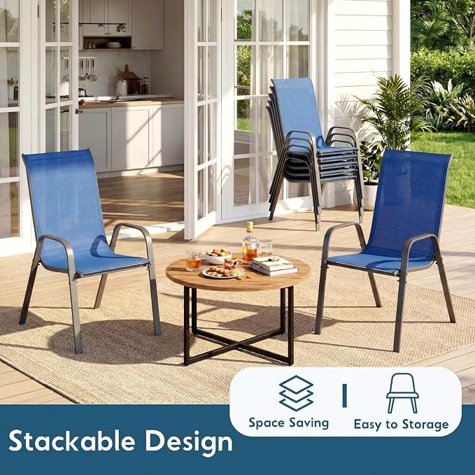 Arlopu 7-Piece Outdoor Table and Chairs for 6, Outdoor Dining Set W/Rectangle Glass Table and 6 Patio Textilene Stackable Chairs, Patio Furniture Set W/Umbrella Hole (Grey Table & Navy Blue Chair)