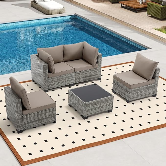 Bonzy Home 5 Pieces Outdoor Patio Furniture Set, PE Rattan Outdoor Sectional Furniture Sofa Set with Removable Cover and Glass Coffee Table, Patio Sofa for Balcony, Porch, Garden, (Grey-Khaki)