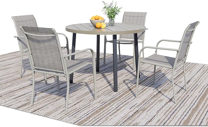 5 Pieces Patio Dining Set for 4, Grey Patio Stackable Chairs and Honey Oak Round Table Set of 4, Outdoor Furniture Set with Sling Support for Outside, Garden