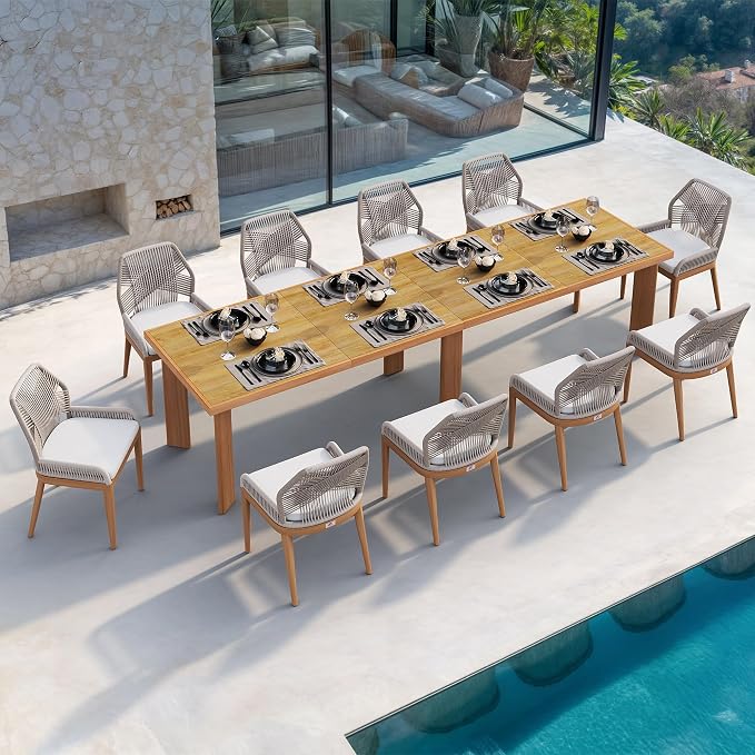 PURPLE LEAF 11 Pieces Patio Dining Set Aluminum Modern Rectangular Table and Wicker Chairs with Cushions for Kitchen Porch Garden Outdoor Furniture Sets, Teak